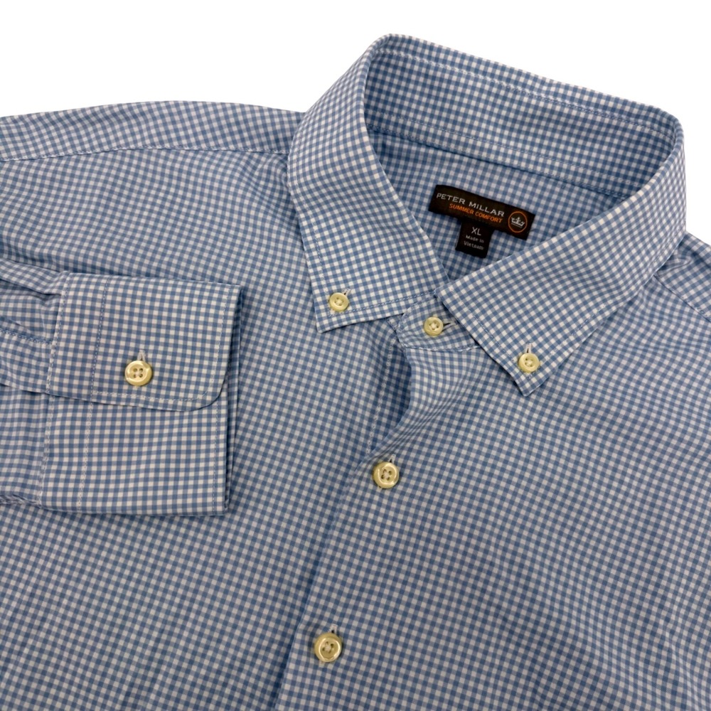 Peter‎ Millar Shirt Mens XL Blue Gingham Summer Comfort Performance Stretch L/S